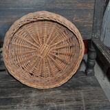 Panier rond en osier marron vintage années 40, plat tressé, diamètre 37 cm