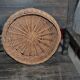 Vintage brown wicker round basket from the 1940s, woven flat, diameter 37 cm.