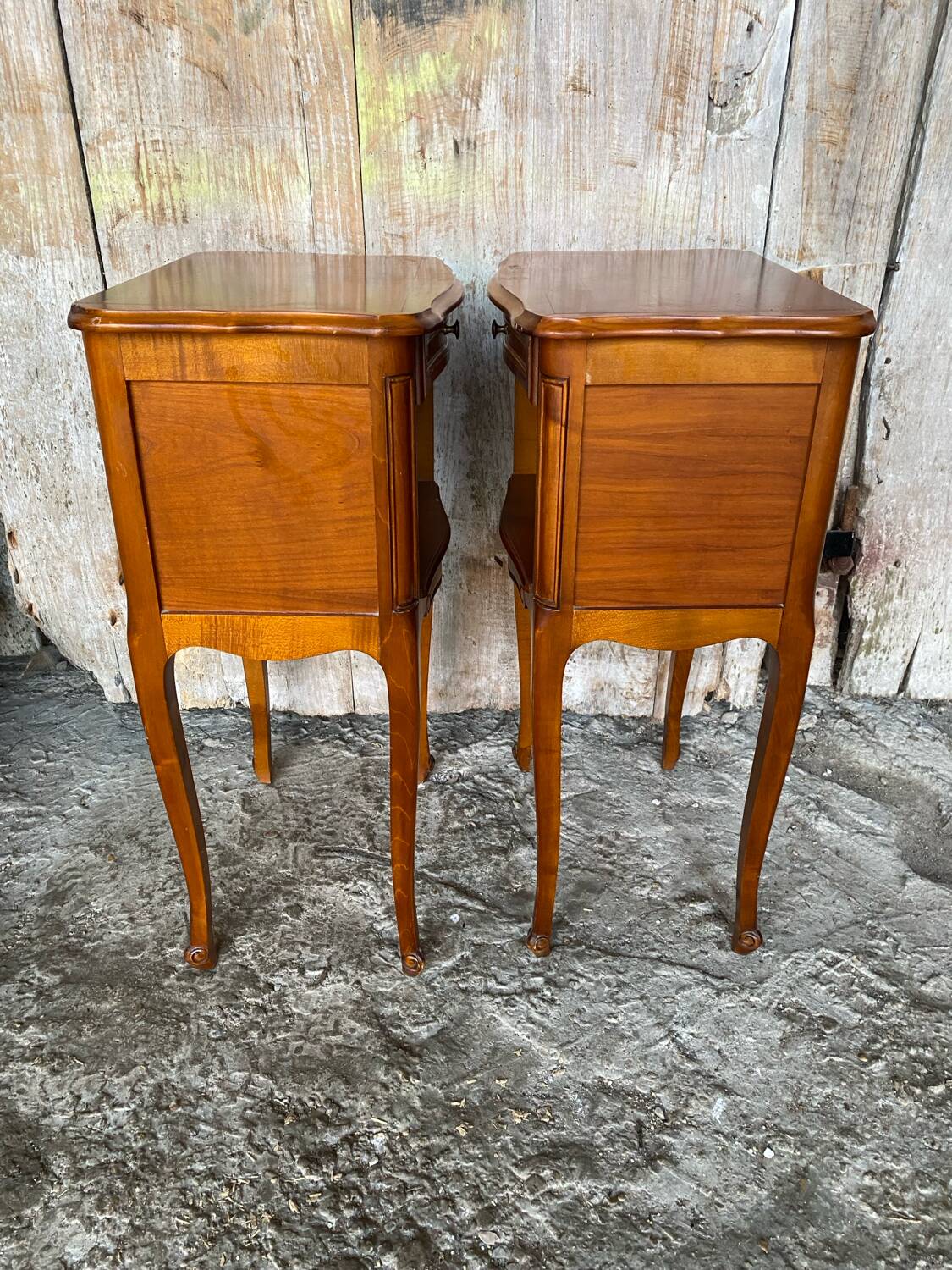 Pair of louis xv style bedside tables in cherry wood + drawer