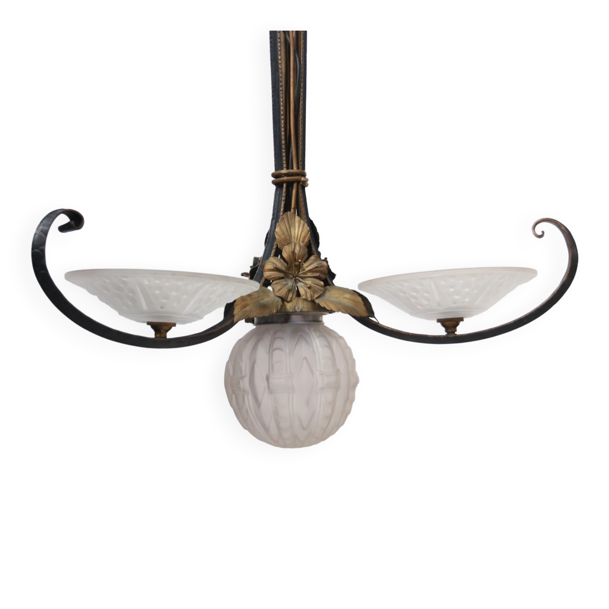 French Art Deco wrought iron pendant lamp, pressed glass, 1920s-30s