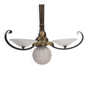 French Art Deco wrought iron pendant lamp, pressed glass, 1920s-30s