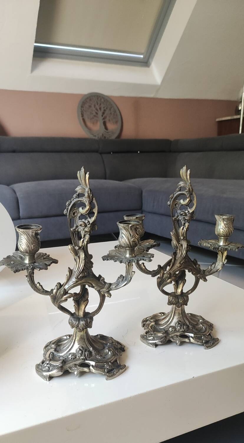 Pair of Candelabra in Louis XV/Rocaille Style, 2 lights. In gilded bronze, 19th century.