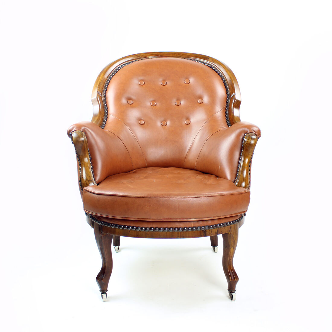 Fauteuil en cuir et noyer cognac, Tchécoslovaquie années 1940