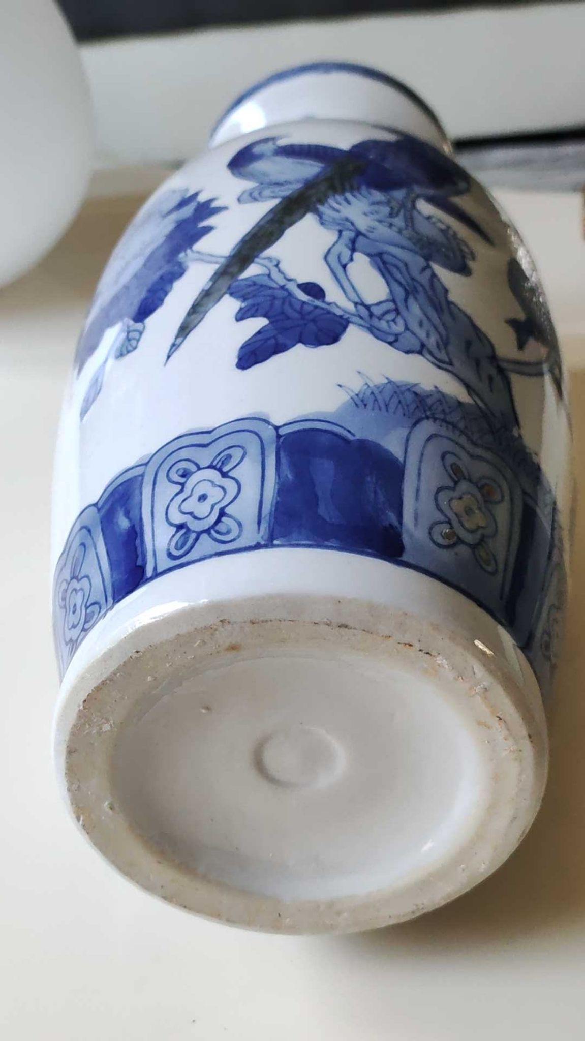 Asian baluster vase. Exotic floral/bird designs. Feather friezes, hearts. High 36 cm
