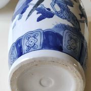 Asian baluster vase. Exotic floral/bird designs. Feather friezes, hearts. High 36 cm