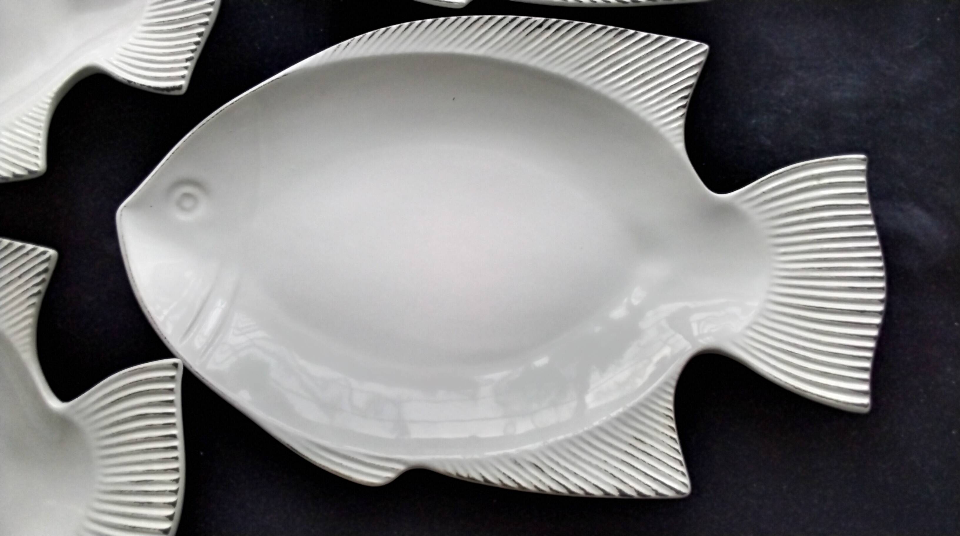 4 zoomorphic ceramic fish plates Geneviève Lethu