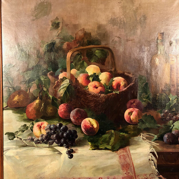 Trumeau in varnished wood, oil on canvas in the upper part, still life early twentieth century
