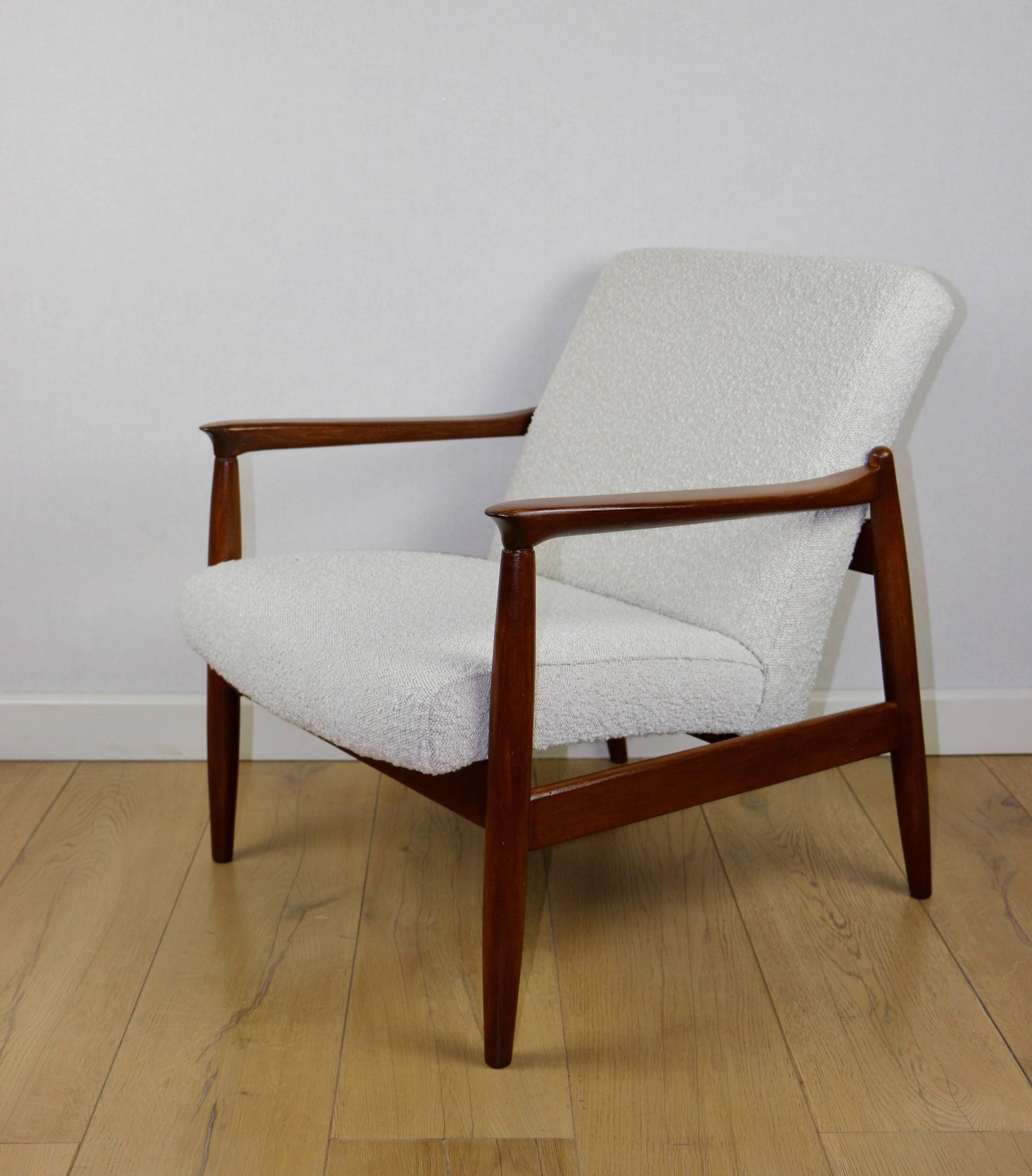 GFM-64 Brown Armchair in White Ivory Bouclé attributed to Edmund Homa, 1970s