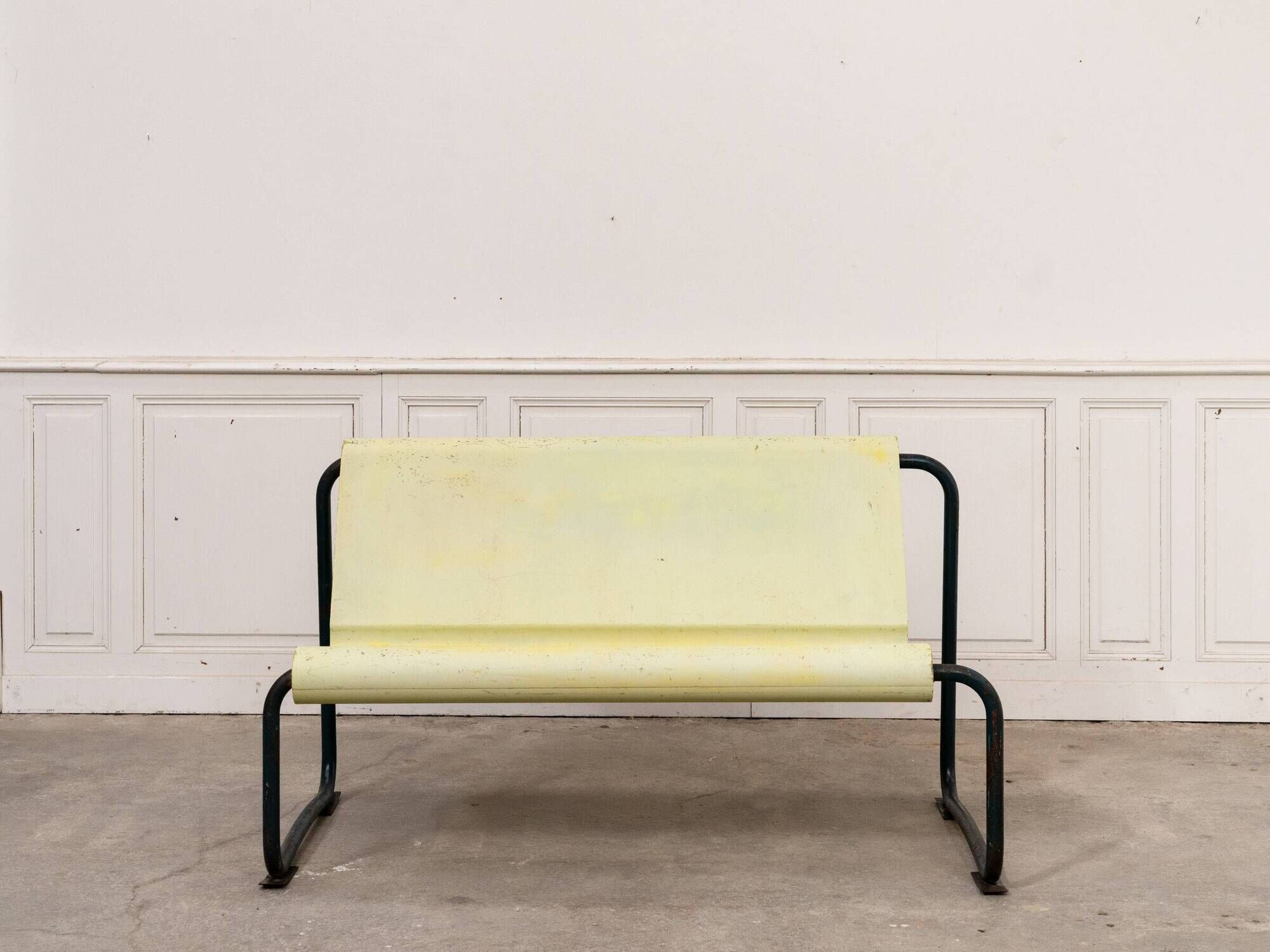 Rare Willy Guhl two-seater bench, original yellow patina, 1960.
