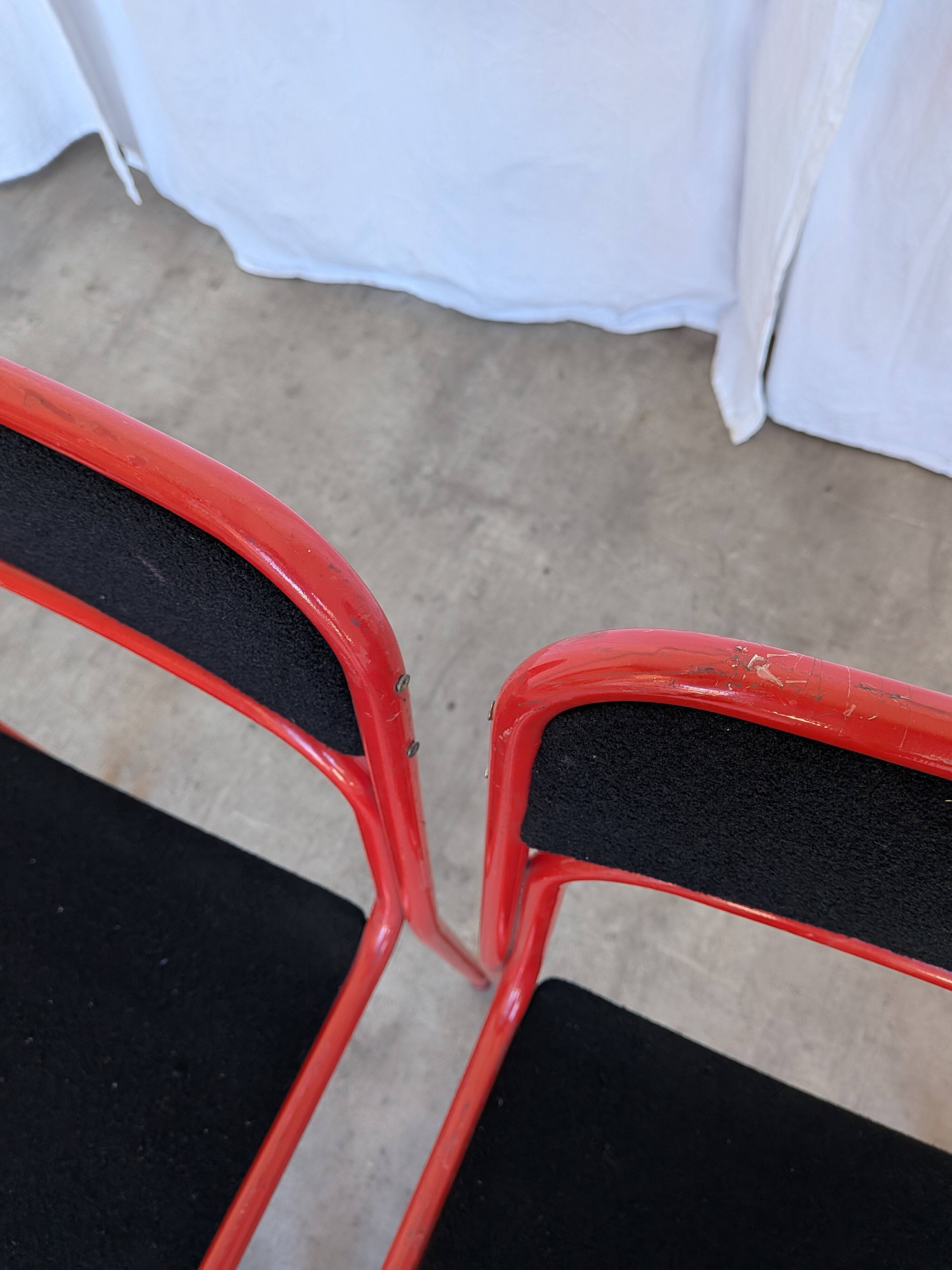 Set of 4 1970s Red & Black Metal Chair: Space Age Stackable Dining Chair