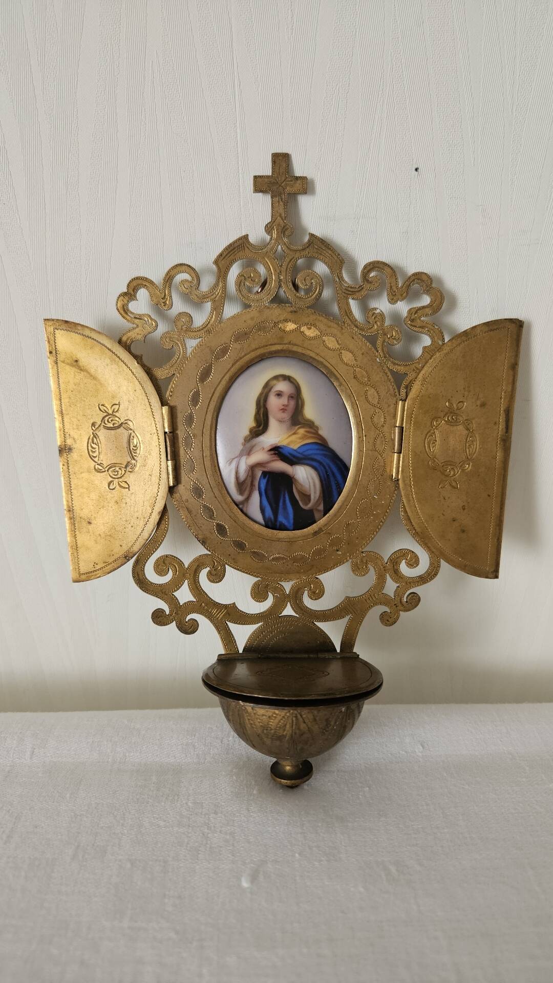 Antique triptych font brass porcelain