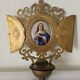 Antique triptych font brass porcelain