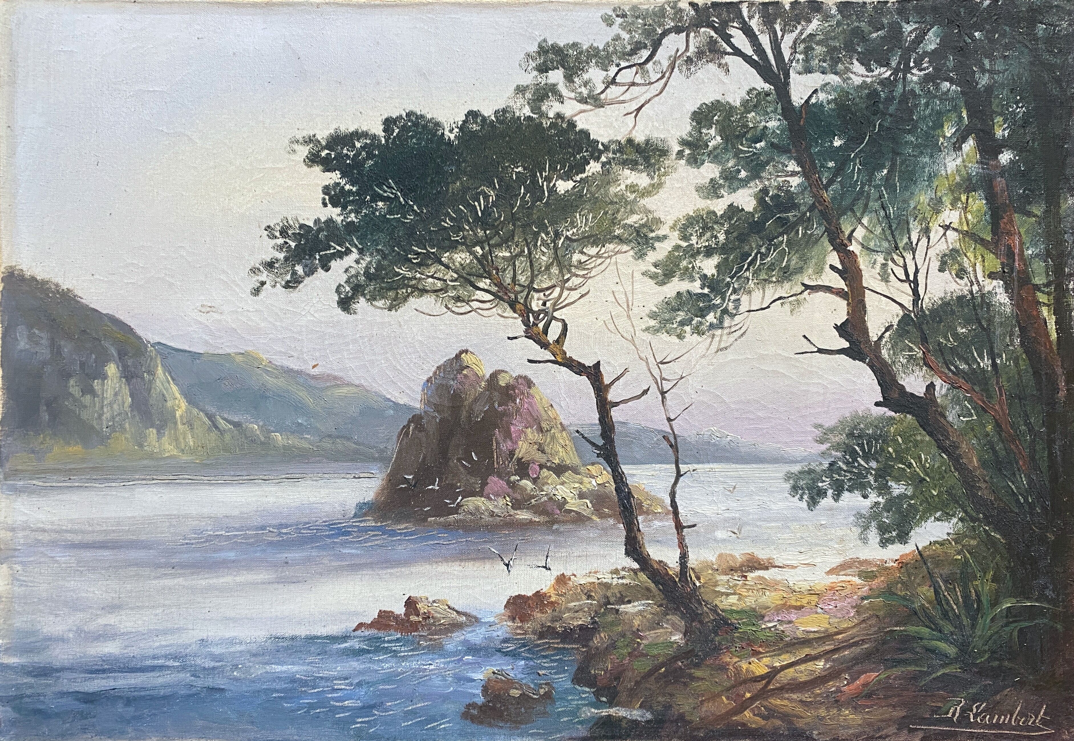 Painting XIX° century "Breton coast" Marine signed R. Lambert