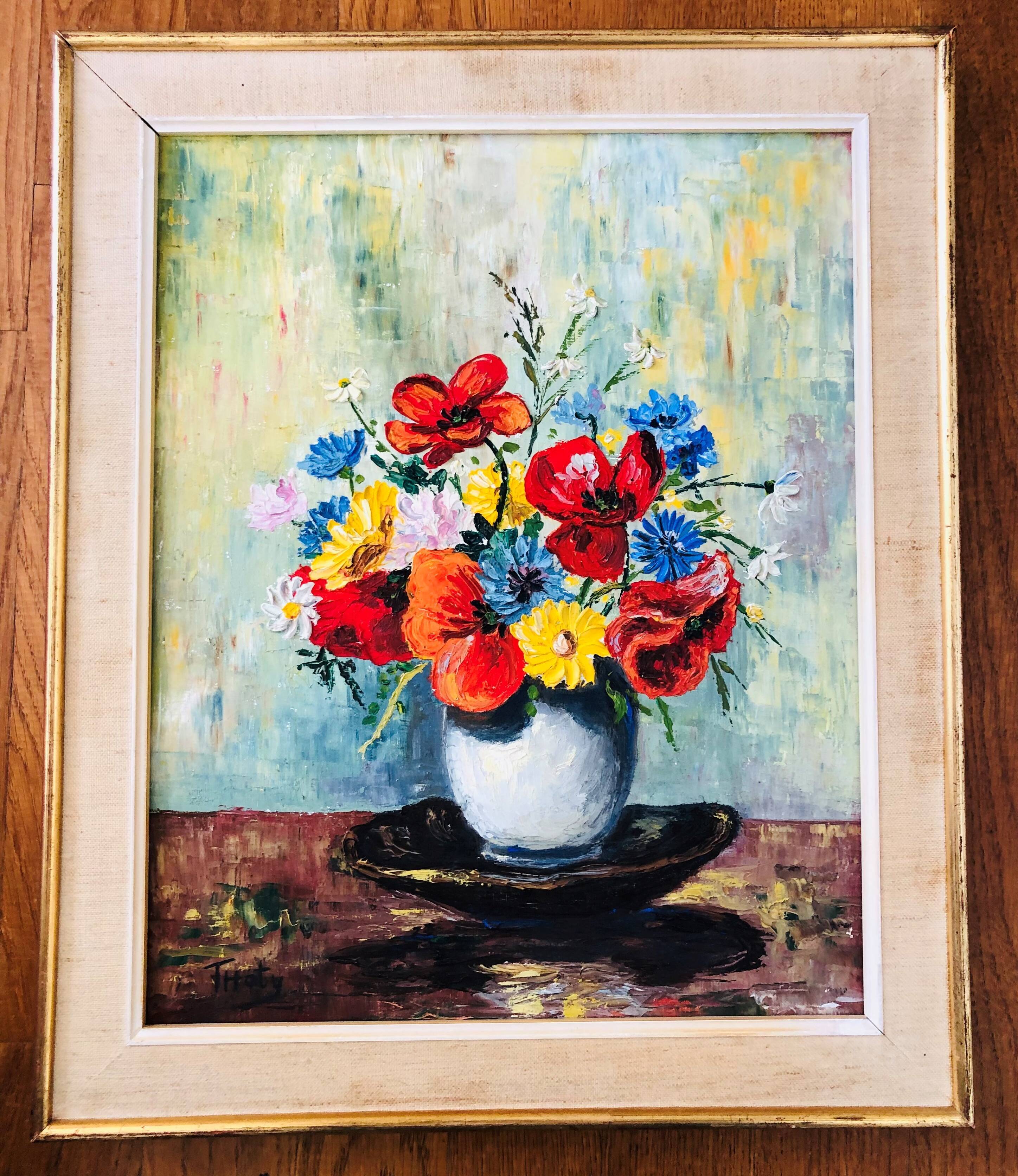 Oil on canvas still life with bouquet of flowers