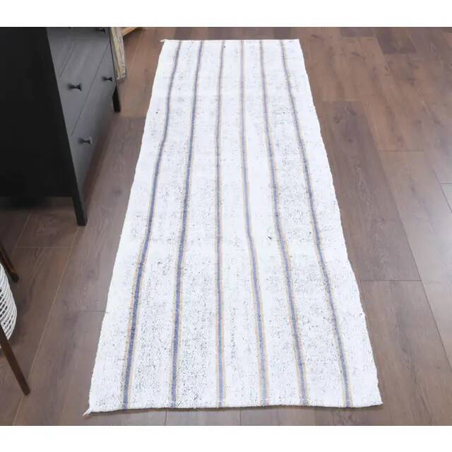 Vintage Turkish Hand-Knotted Wool Cotton White Kilim Runner Rug 76x239