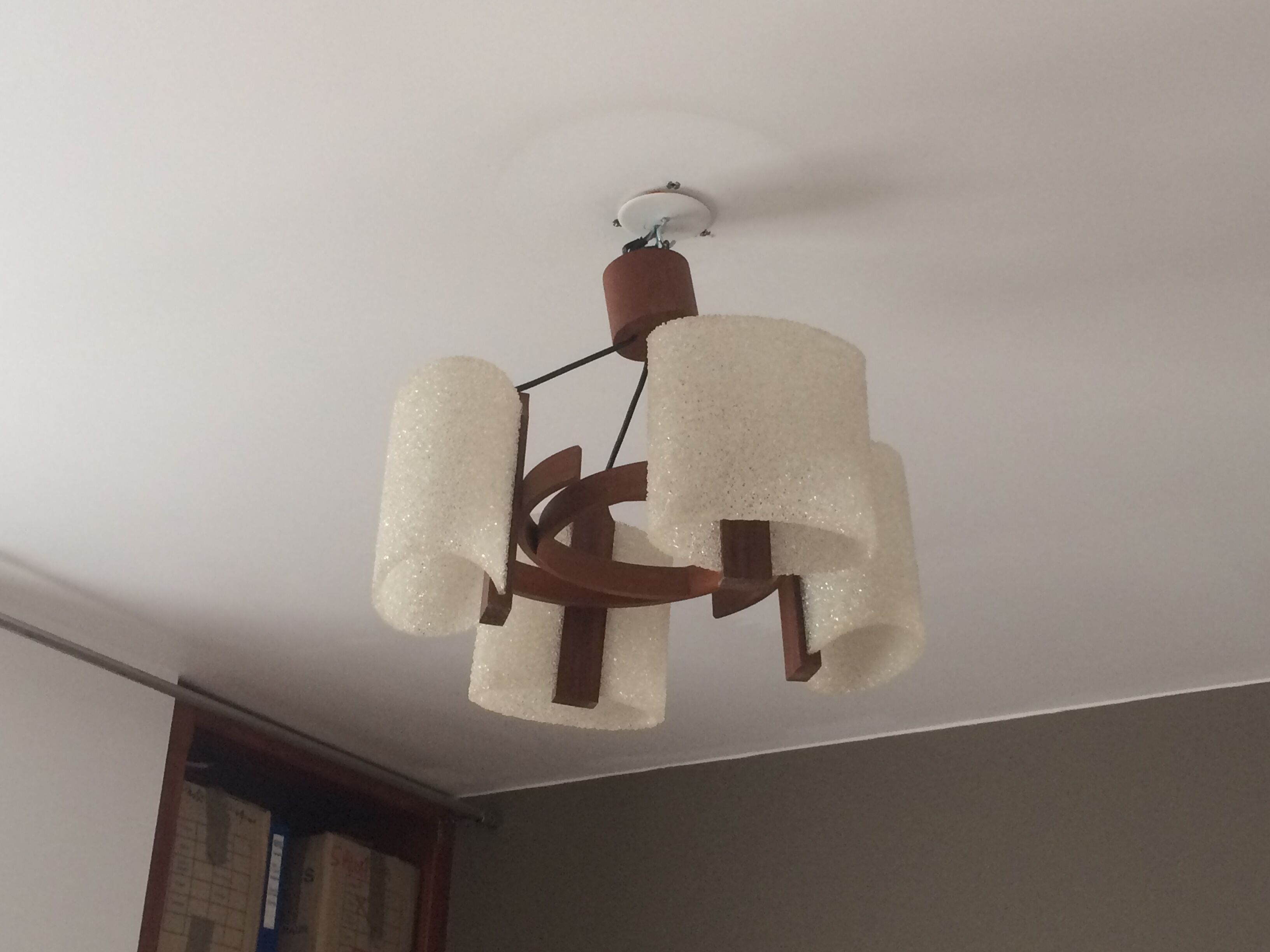 Teak hanging lamp and 4 shades in perpex 1950