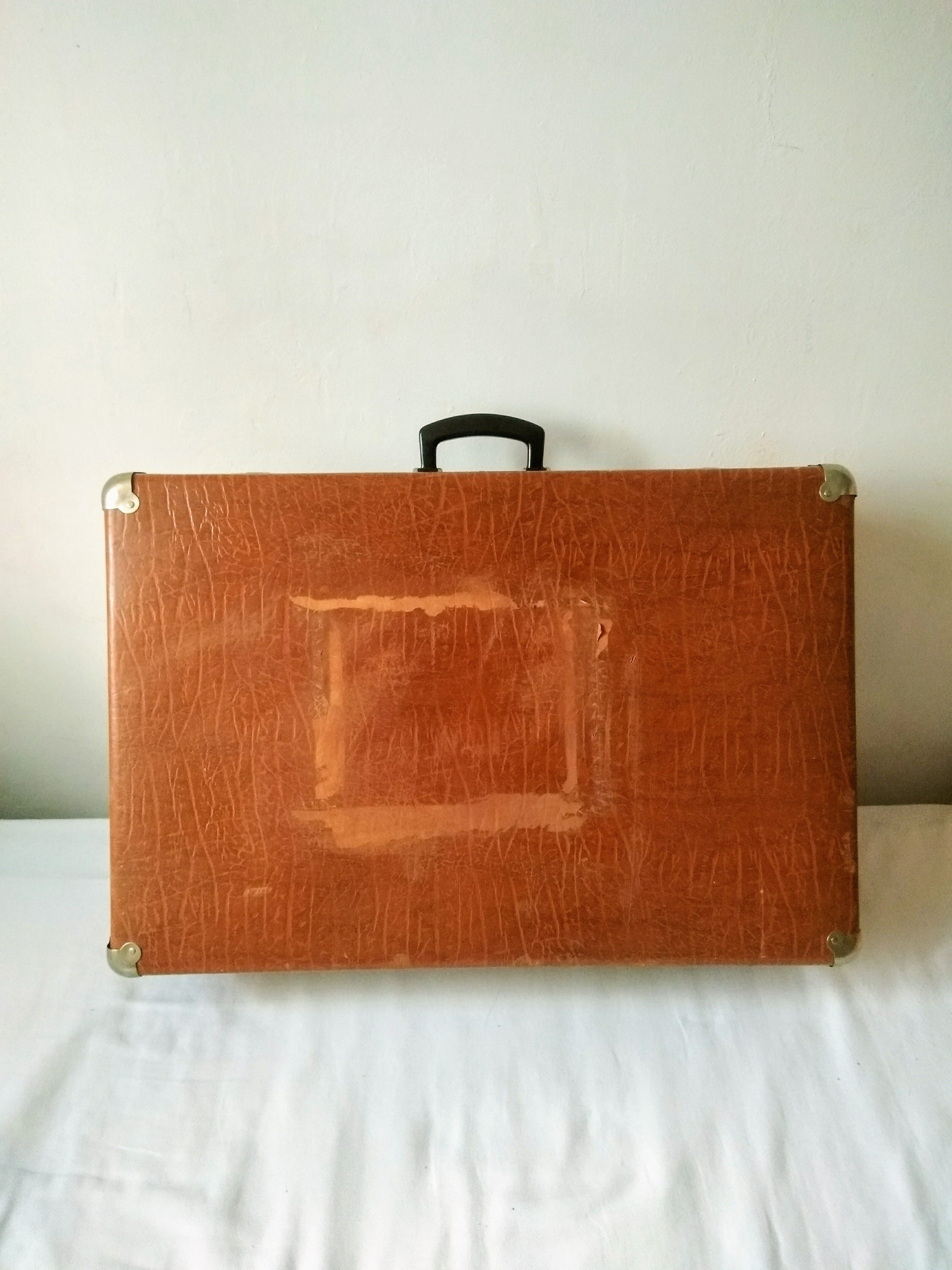 Large light brown cardboard suitcase and decorative vintage year 50 60 70 in very good condition