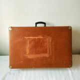 Large light brown cardboard suitcase and decorative vintage year 50 60 70 in very good condition