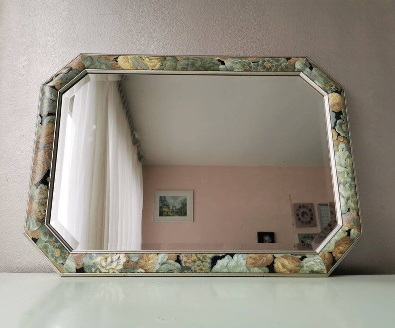 Vintage floral mirror in wood and cut glass, 80s