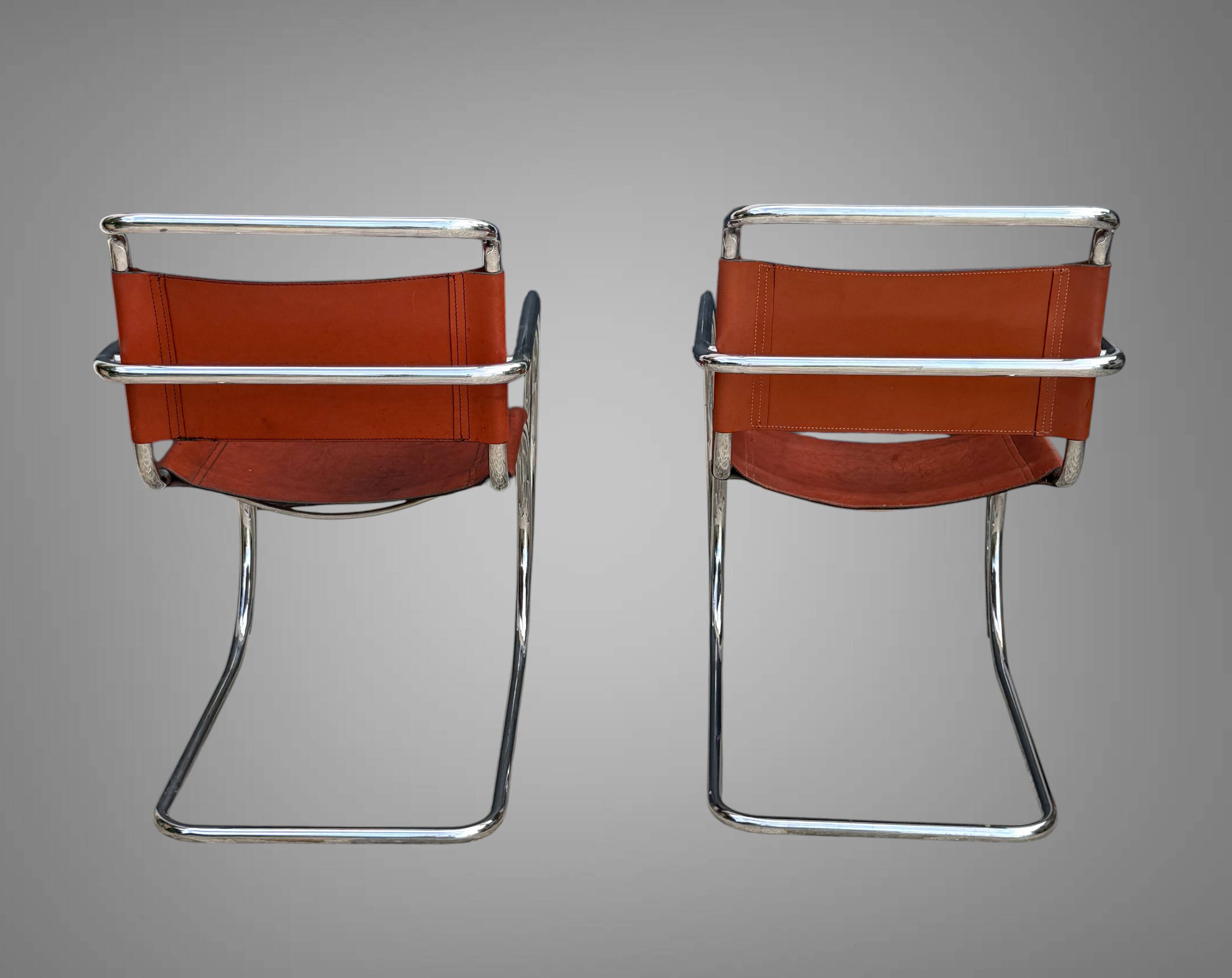 PAIR OF LEATHER AND CHROME ARMCHAIRS MR20 FROM THE 1970s MODEL BY MIES VAN DER