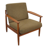 Teak Scandinavische fauteuil met bruin stoffen kussens, stoel 1
