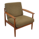 Teak Scandinavische fauteuil met bruin stoffen kussens, stoel 1