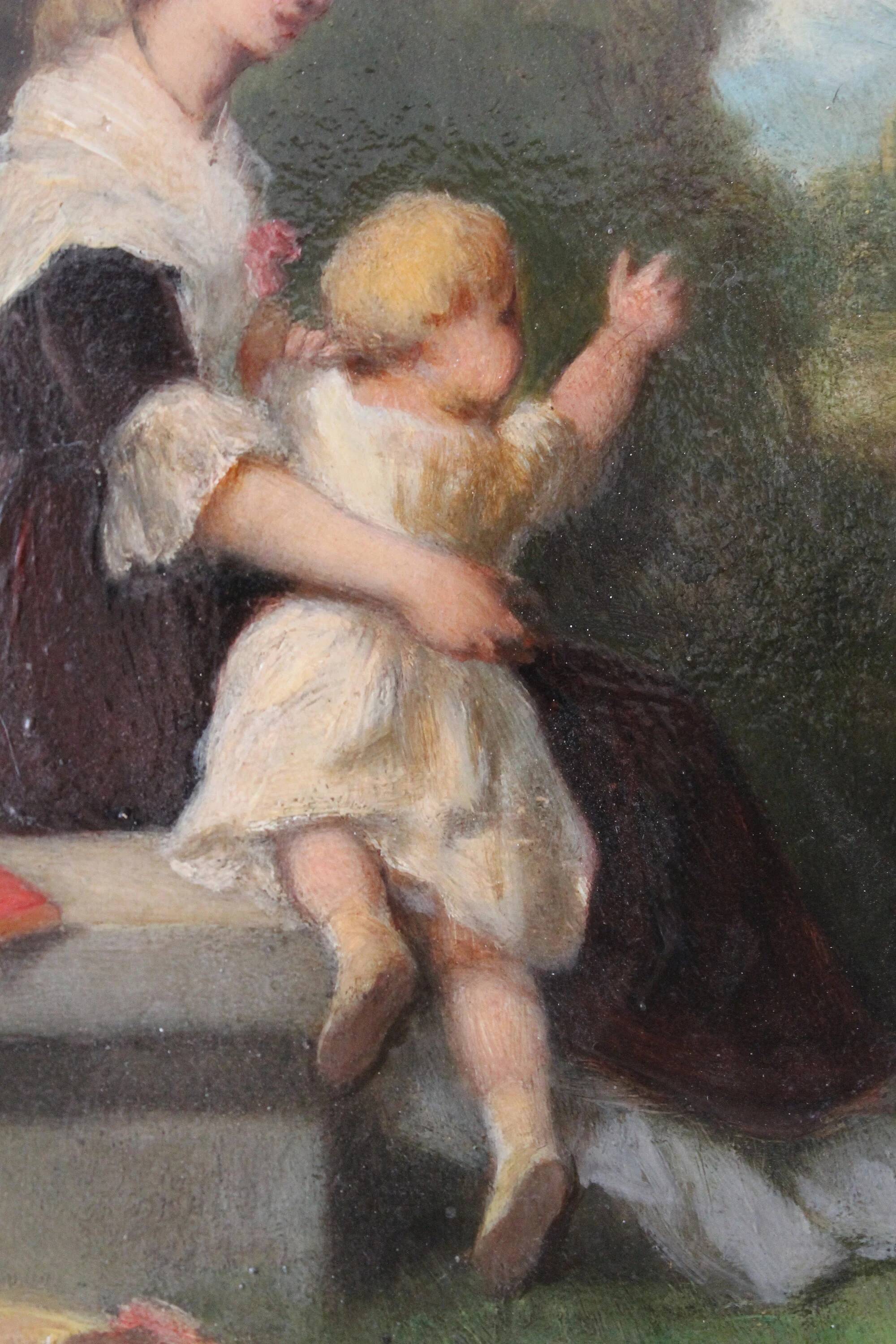 Jean-Baptiste Fouque (1819 - 1880) "Stroll in the Garden" oil on panel