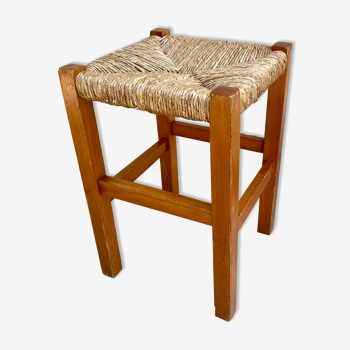 Tabouret bois et paille vintage