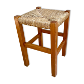 Tabouret bois et paille vintage
