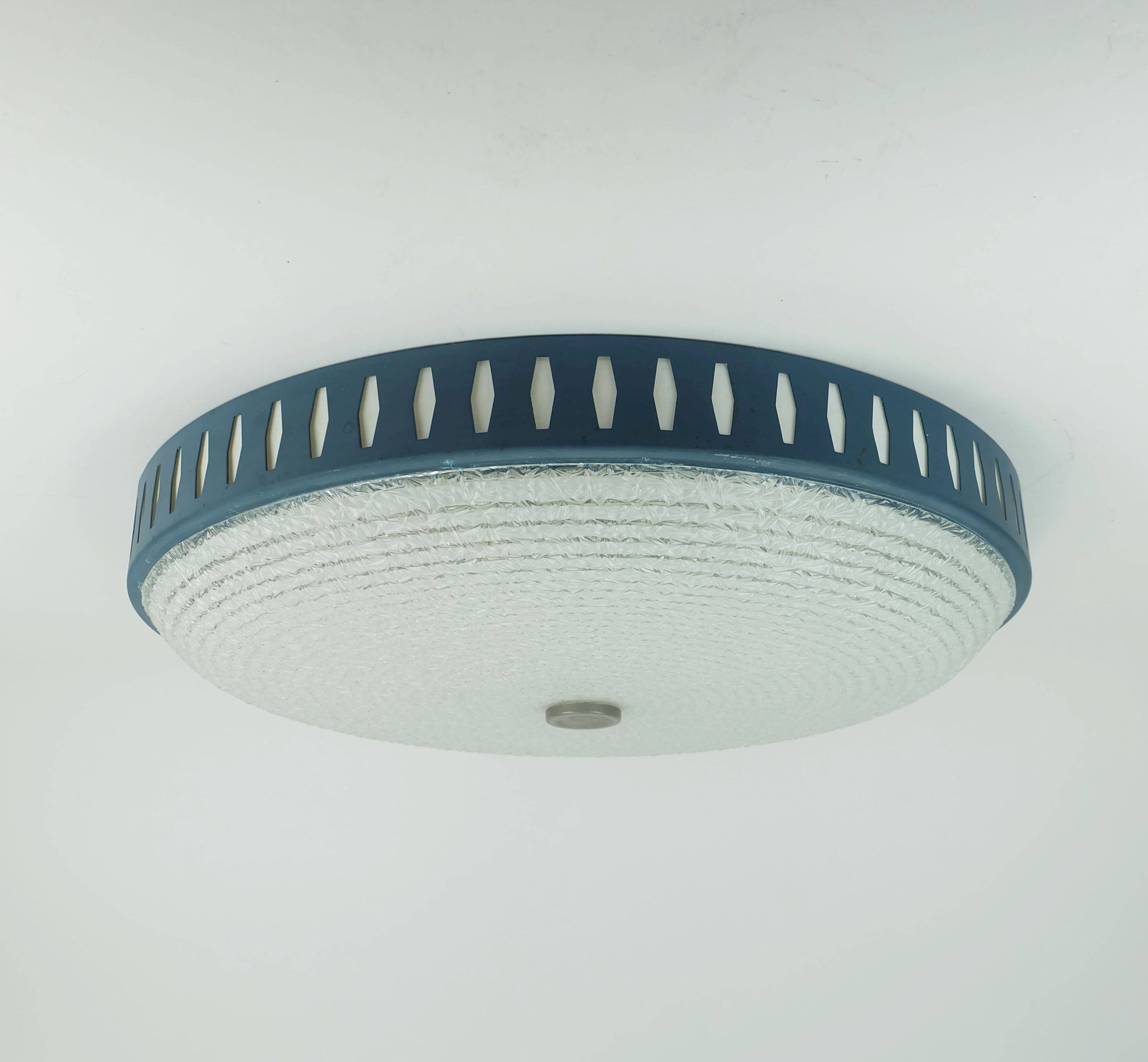 Rare large ceiling light by hillebrand 1960s textured glass blue metal fram