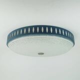 Rare large ceiling light by hillebrand 1960s textured glass blue metal fram