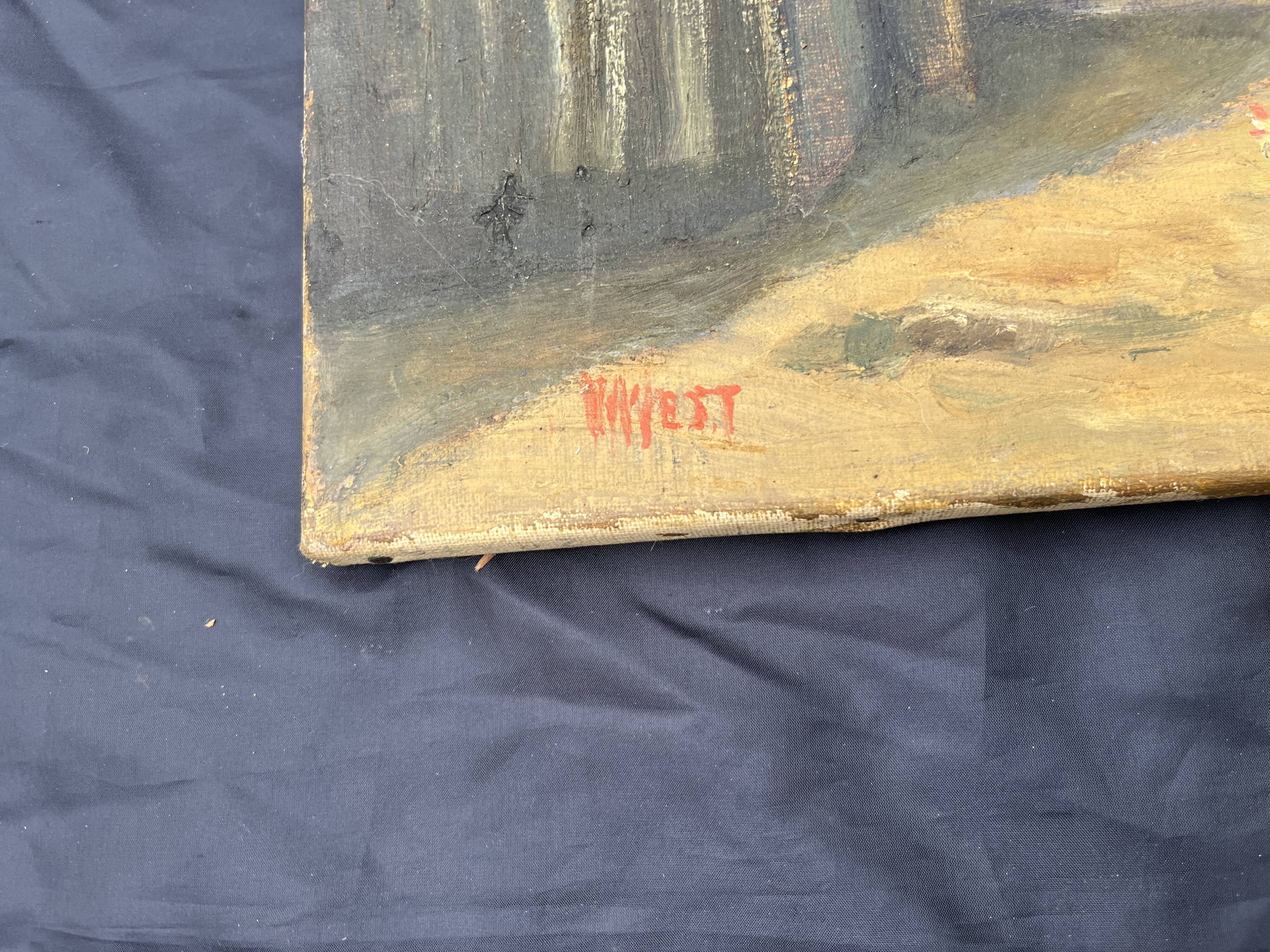 Painting on canvas signed “Wyett” – Village scene with chickens