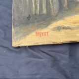 Painting on canvas signed “Wyett” – Village scene with chickens