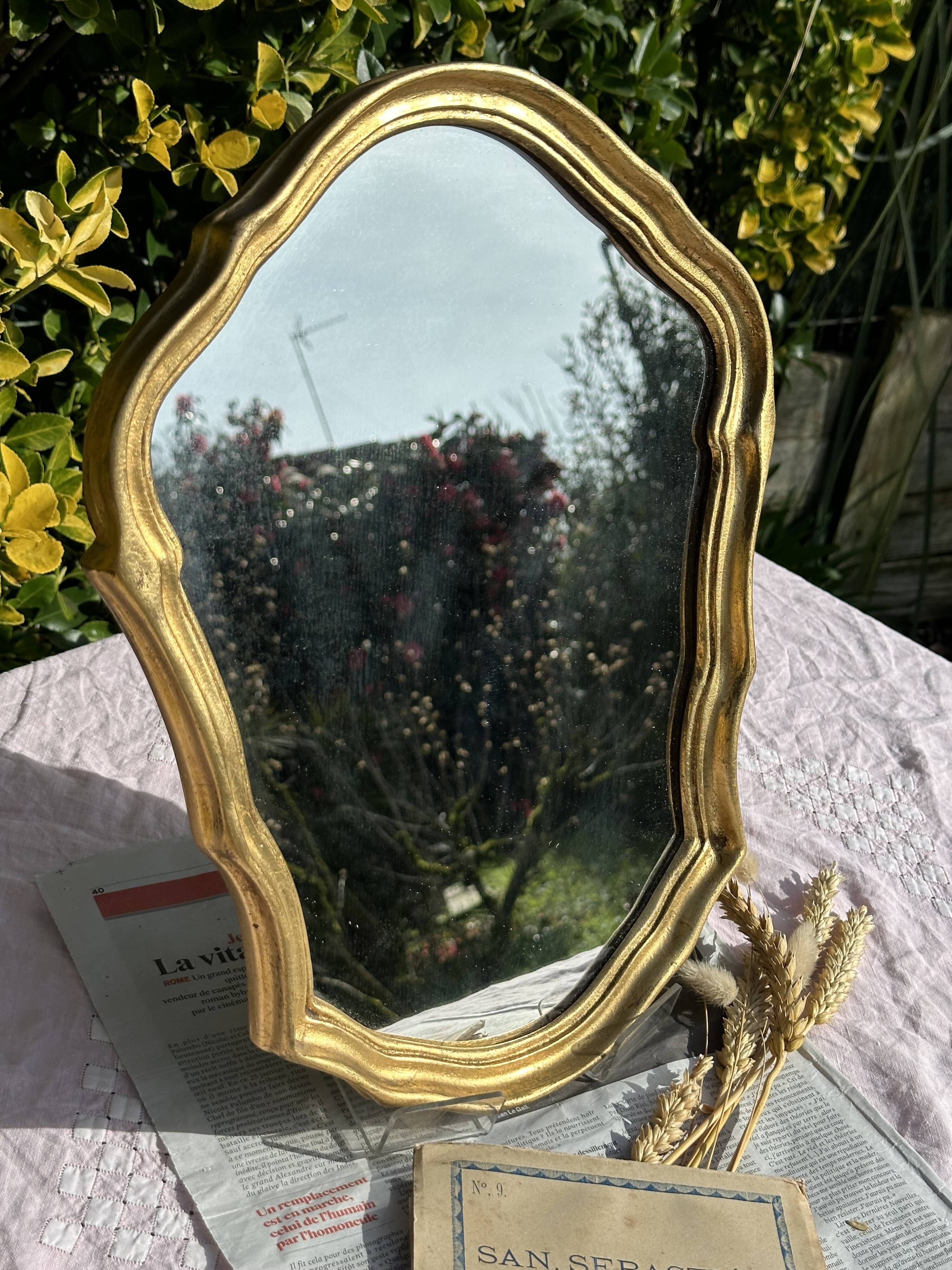 Vintage Golden Wood Carved Mirror in Louis XV Style