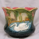 Cache-pot ancien barbotine décor aux cygnes pot à fleurs art nouveau