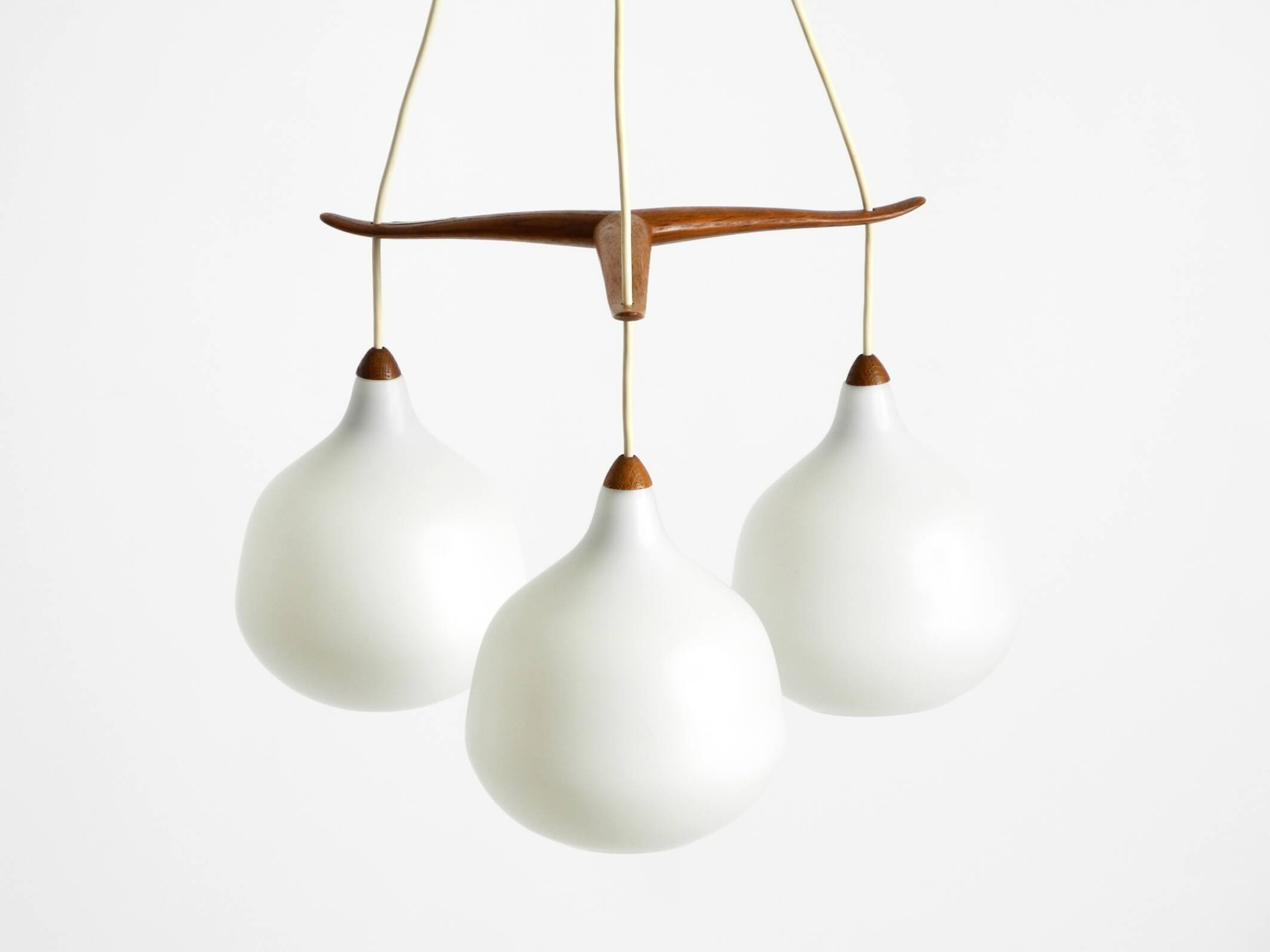 Pendant lamp with opal glass shades teak frame by Uno & Östen Kristiansson