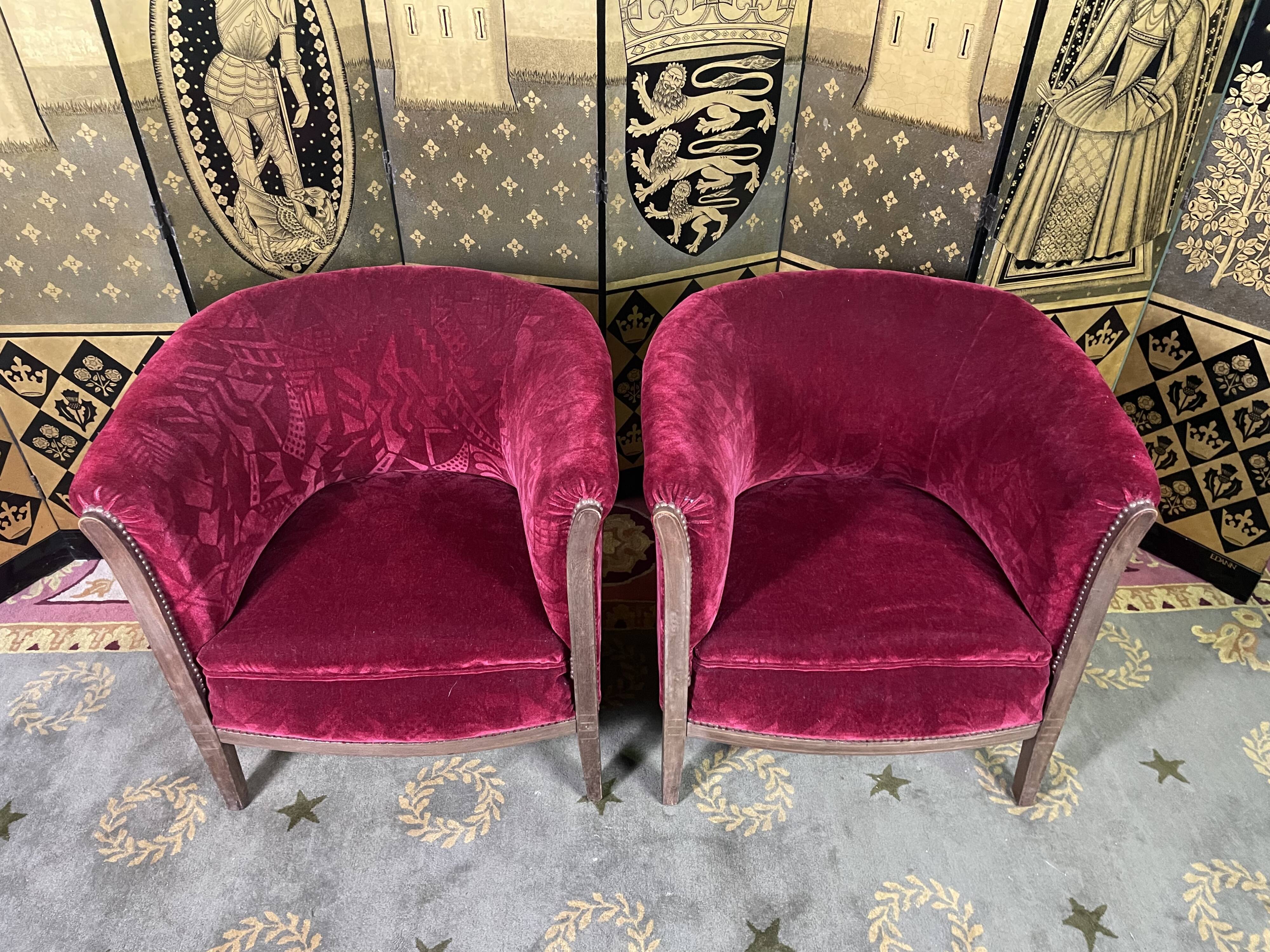 Pair of shepherdess armchairs art deco period red velvet
