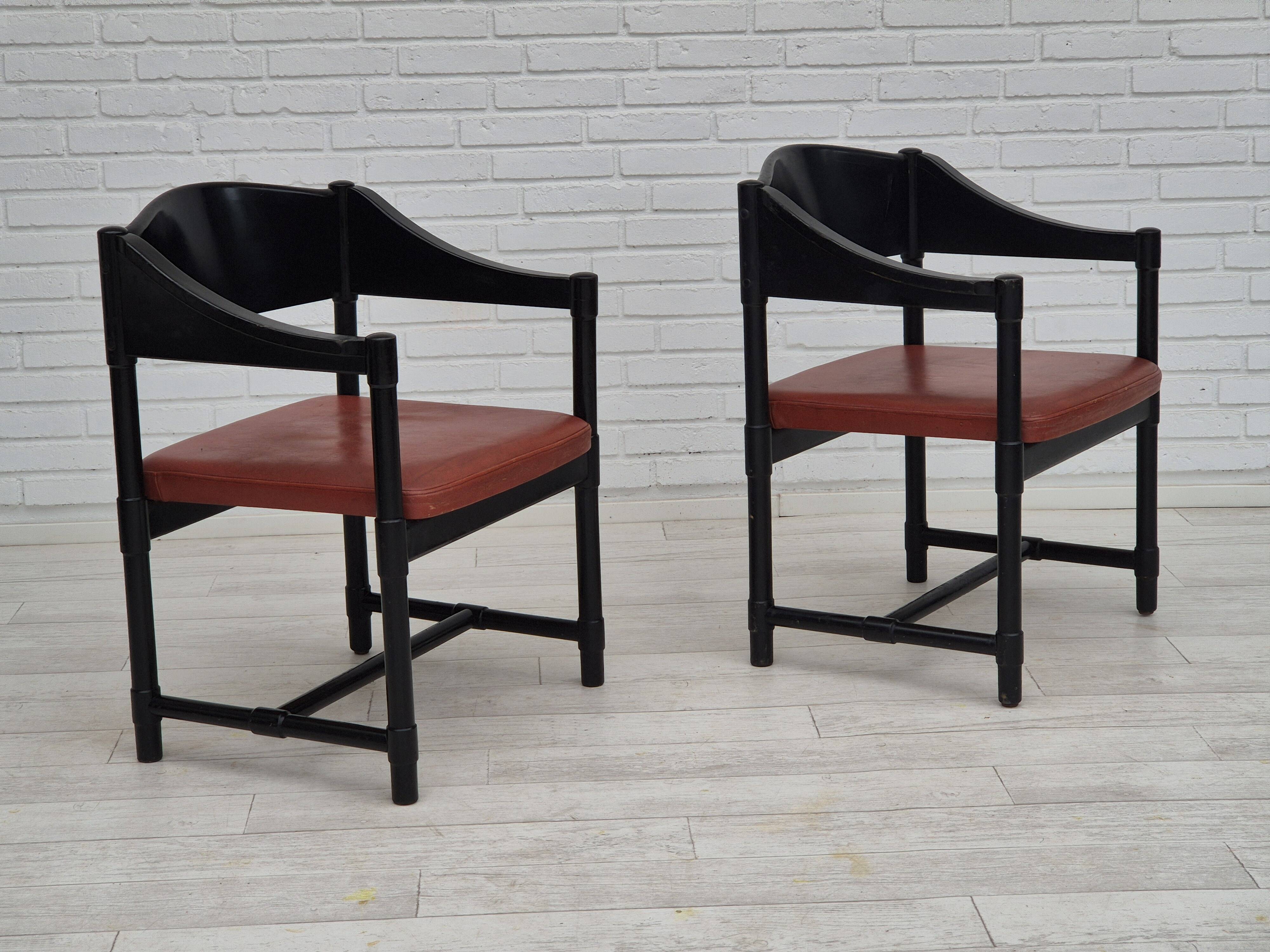 1970s, set of 2 Finnish armchairs by Lepokalusto, original condition, birch wood, leather.