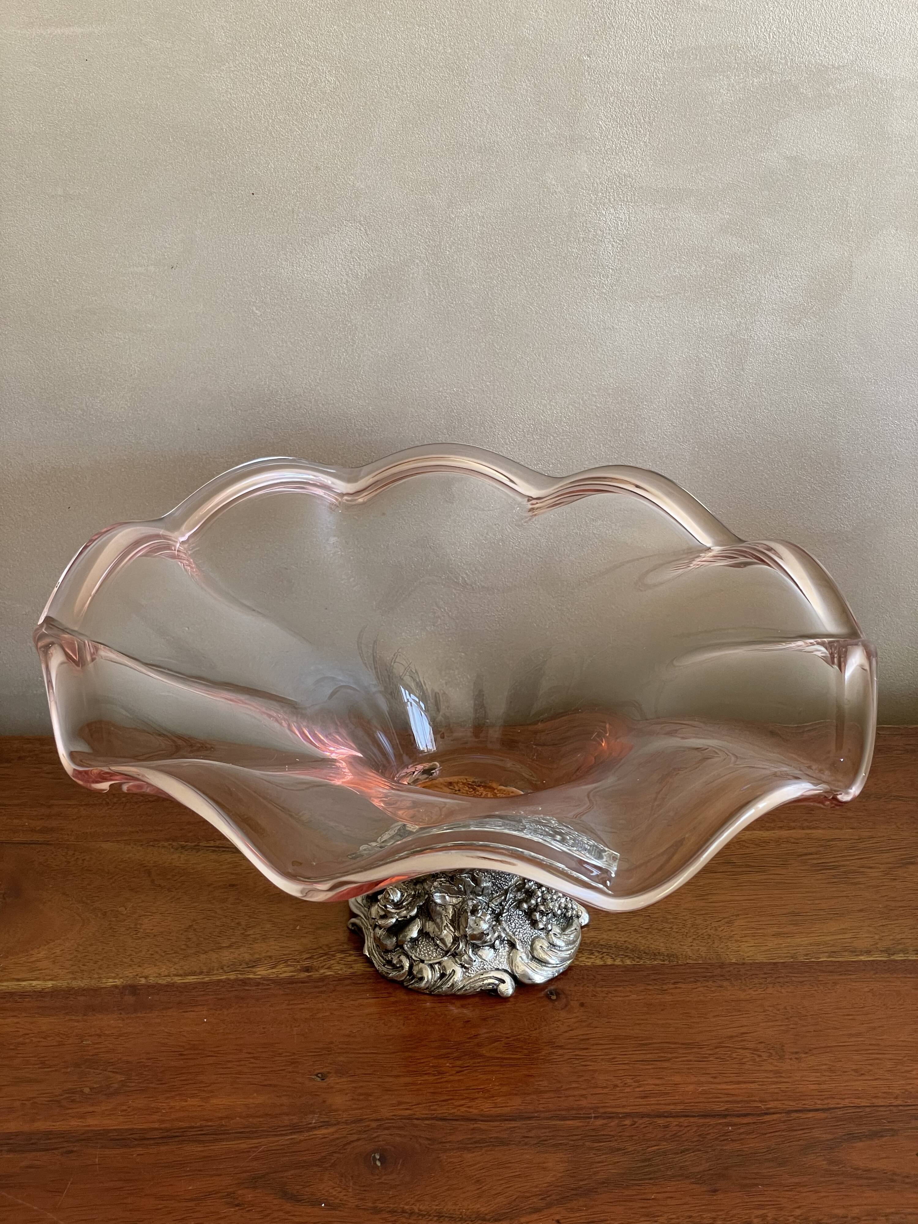 Pink blown glass cup on foot grape decoration
