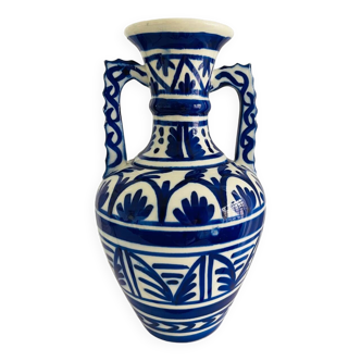 Vintage blue amphora vase with double handles
