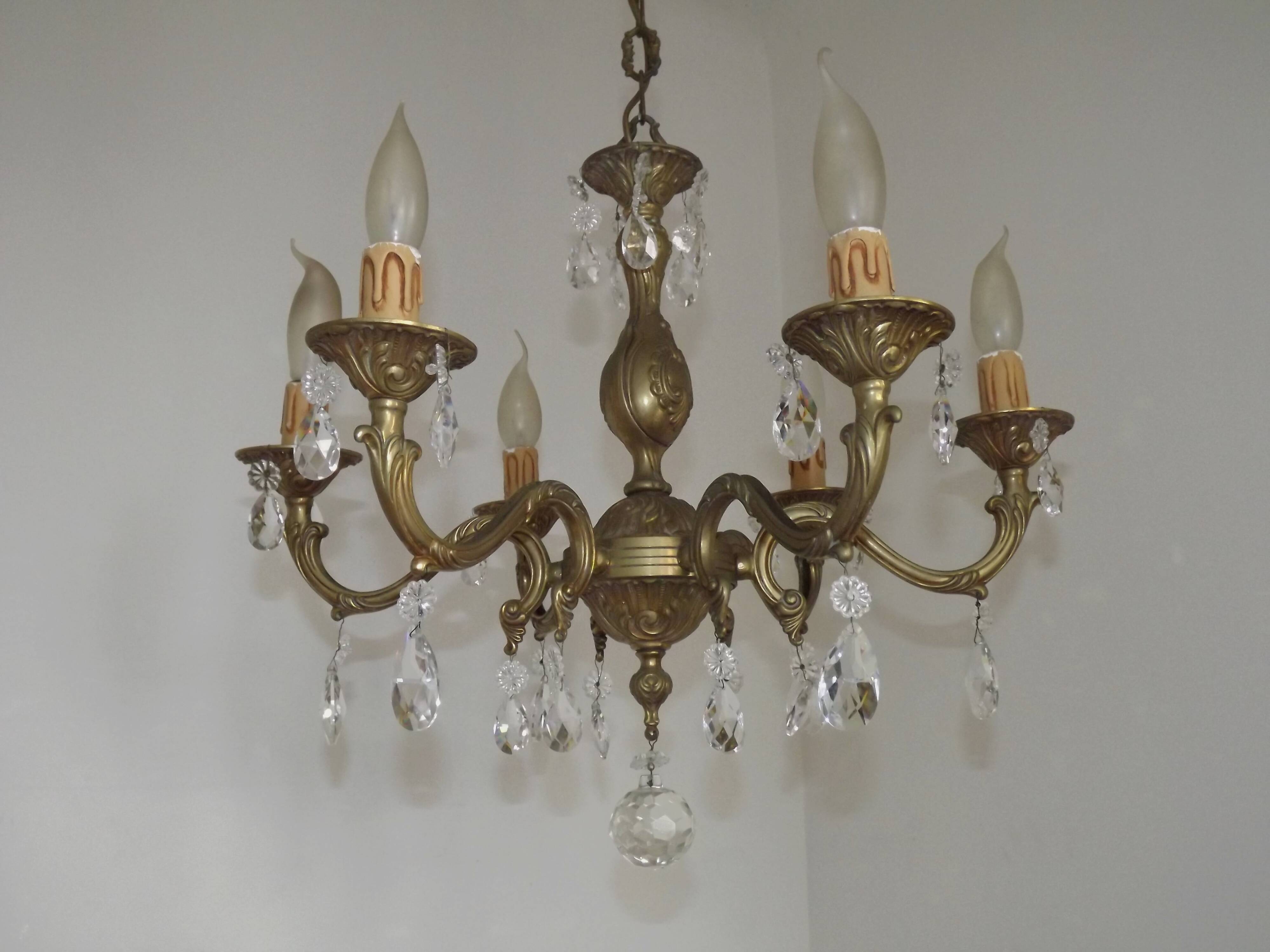 French Mid-Century Bronze 6-Light Chandelier with Crystal Droplets 5491