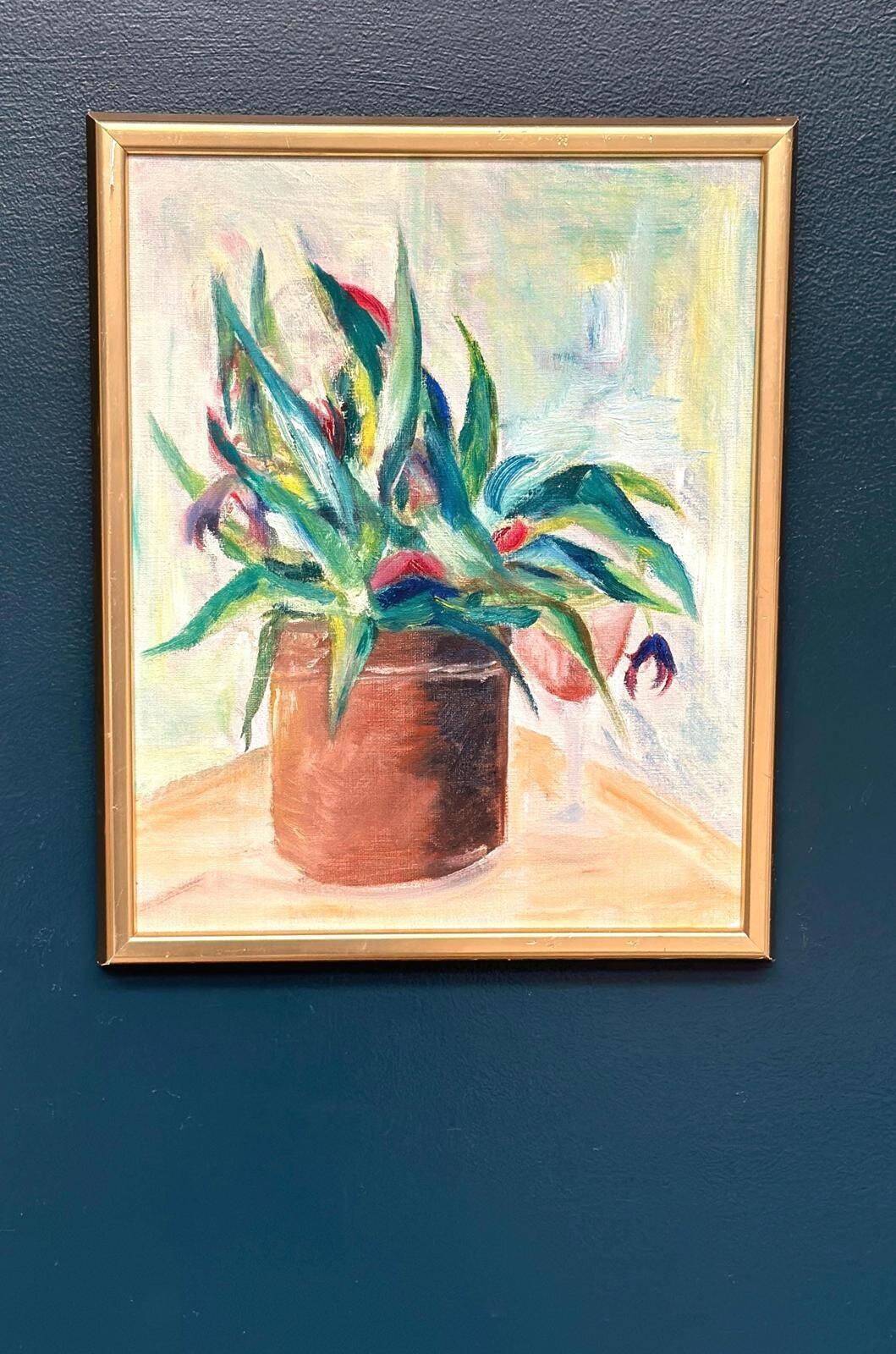 Original Swedish Oil On Canvas – “Vase With Plant” – Vintage & Framed – 34 × 45 Cm