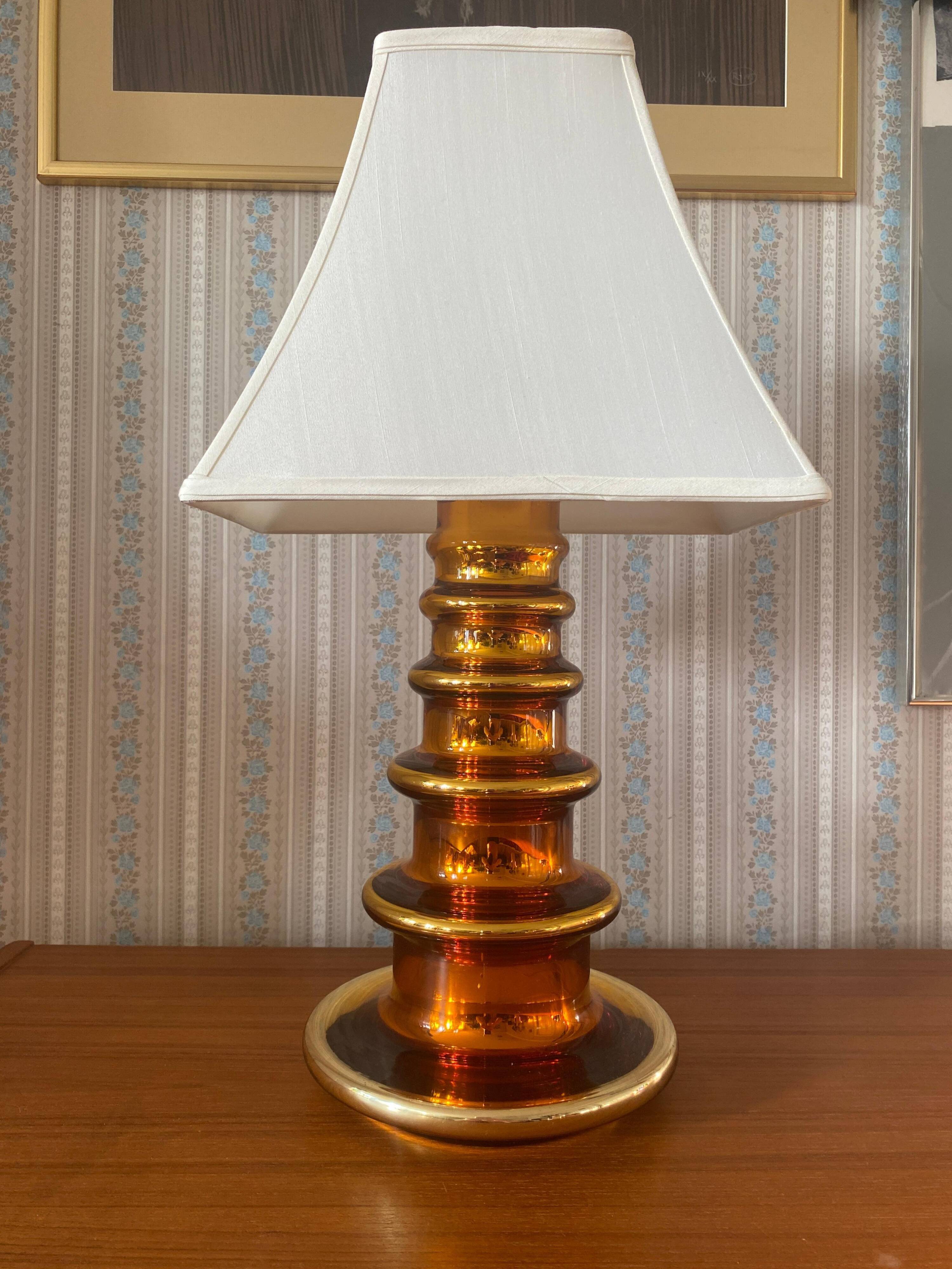 Metallic Amber Glass Table Lamp by Gustav Leek for Orrefors, 1960s