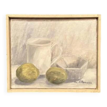 Huile sur toile originale suédoise – « Cruche, bol et fruits » par Main Klarmo‑Kärred – Signé – 1961 – Vintage et encadré – 49×40,5 cm (19,3"×15,9")