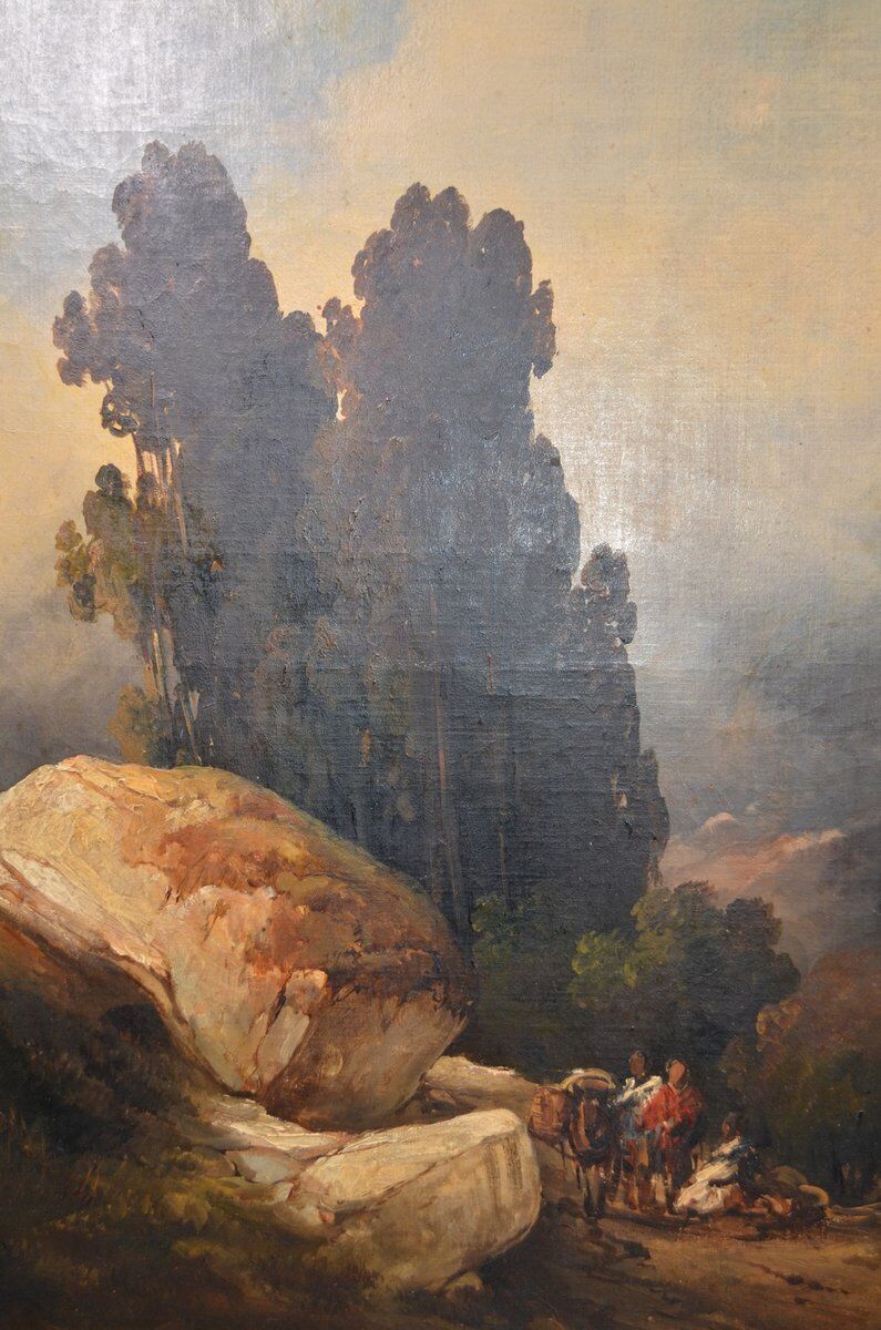Huile sur toile, Le convoi au pied des rochers, années 1800