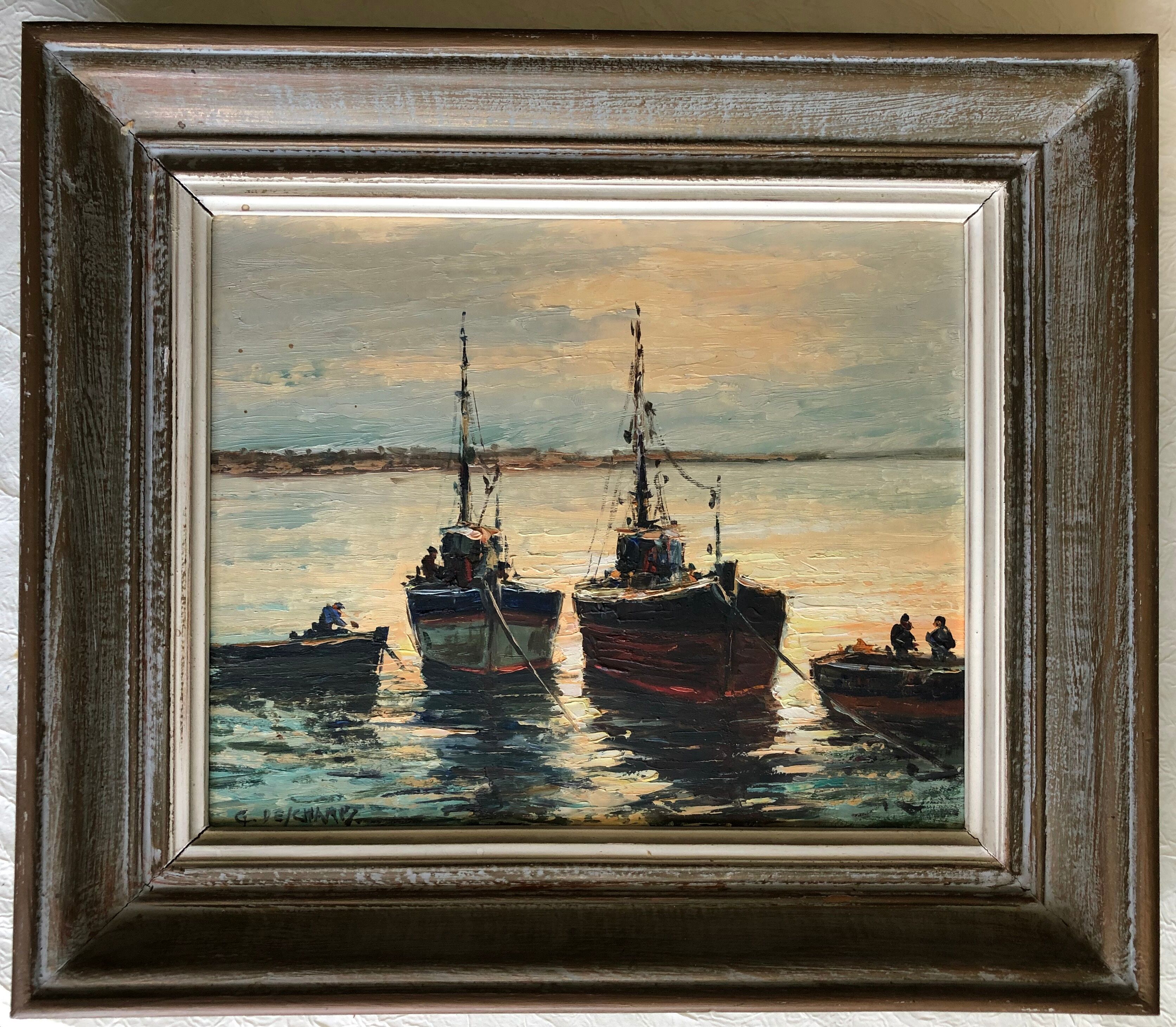Oil on panel: fishing boats at sunset