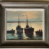 Oil on panel: fishing boats at sunset