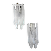 Pair of 2-tier Murano Mazzega wall lights, iridescent white frosted glass, Italy, circa 1960s