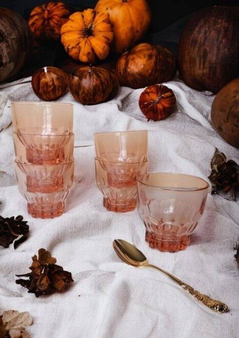 6 pink glass water glasses