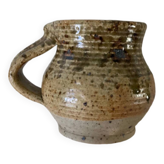 Antique cup, plump shape, organic material with handle, signed JPG, Pougues-les-eaux, pyrite stoneware